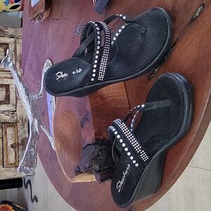 Skechers Memory Foam Black Wedge Rhinstone Embellished Sandals 8 M